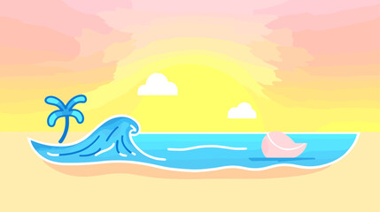 Poster - Cartoon Beach Scene with Palm Tree, Wave, Clouds, and Boat at Sunset