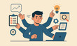 © Evgeniia Blagikh - Flat vector illustration of an overworked multitasking man surrounded by productivity and planning icons while using a laptop.