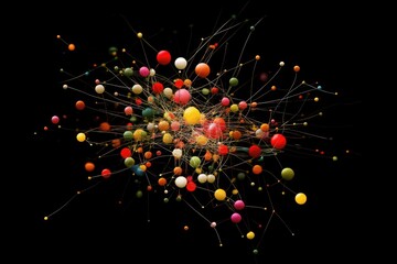 Poster - Network of colorful connections forming a vibrant abstract design on a black background, network of connections over spots on black background