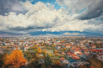 aerial view captures autumn landscape and cityscape of lezh in albania under dramatic cloudy sky, ae