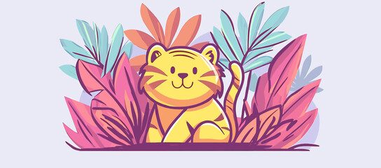 Poster - Cheerful Cartoon Tiger Amidst Colorful Foliage with Playful Expression