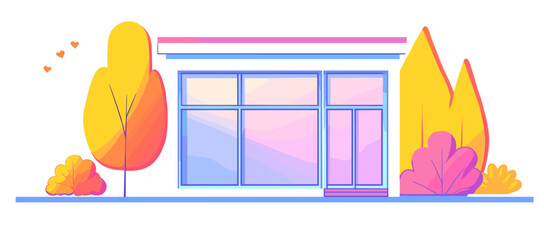 Poster - Colorful Abstract Illustration of a Modern Building with Trees and Hearts