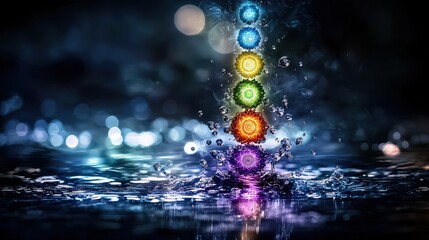 Aufkleber - Vibrant chakra representation in water splash underwater digital art tranquil atmosphere close-up healing energy concept