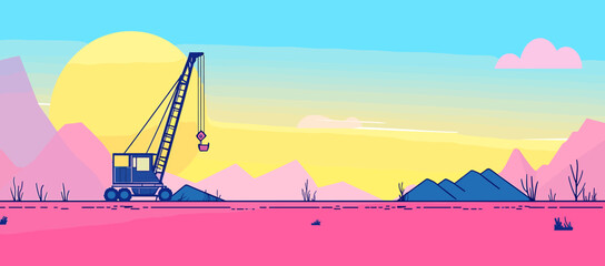 Poster - Stylized Construction Crane with Mountains and Sunset in a Colorful Landscape.
