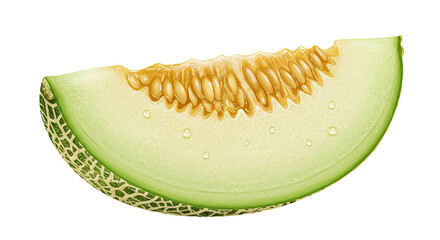 Poster - Realistic illustration of a fresh slice of cantaloupe melon with seeds and water droplets