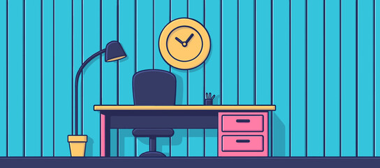 Poster - Cartoon office scene with desk, chair, lamp, clock, and blue striped wall