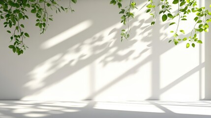 Poster - Bright Sunlight Streaming Through Window with Green Ivy Shadows on White Wall in Well-lit Room