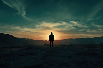 Poster - Mysterious figure stands against vibrant sunset in vast desert landscape, UFO journeys through the void of outer space