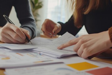Poster - Employees engage in discussion over documents before project initiation at office, employees discussing documents before starting a business presentation slow motion