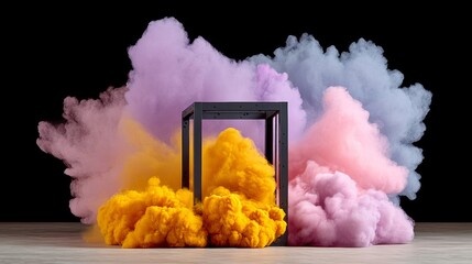 Poster - box is surrounded by a cloud of colorful smoke. the smoke is a mix of pink, purple, and yellow. the 