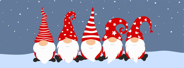 Aufkleber - Funny Red Christmas Gnomes Sitting in Snow with Cute Hats and Beards. Perfect for Winter Holiday Cards, Family Decor, Kids Celebration, Seasonal Printable or Festive Poster. Vector Illustration.