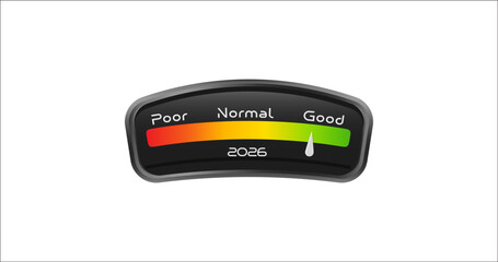 Aufkleber - Speedometer Dashboard With 2026 And Indicator In Green. Symbol Of Positive Progress, Growth, Readiness And New Year Performance Goals. Vector Illustration
