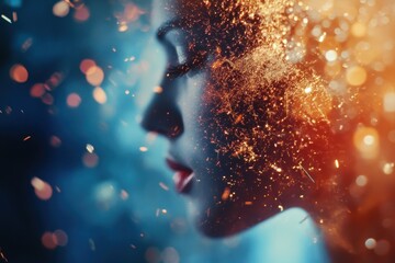 Poster - Defocused blue background with vibrant particles creating a dynamic and ethereal atmosphere around a profile, defocused particles background blue video