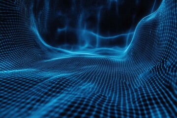 Poster - Glowing blue mesh flows across dark background creating a mesmerizing visual experience, glowing blue mesh moving over dark background