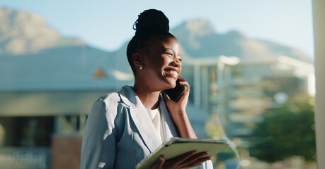 Poster - Happy, black woman or phone call with tablet in city for corporate discussion or vision. Female person, financial advisor or accountant talking with smile on mobile smartphone for finance negotiation