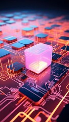 Poster - Circuit board close up with connections and glow. Bright light shining from central component with surrounding squares in vertical layout.