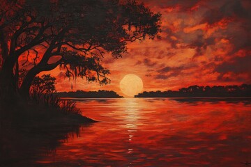 Poster - Vibrant sunset over an African lake with stunning reflections and silhouettes of trees, African lake sunset