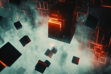 Poster - Flight over fast moving cubes highlights advanced technology in a digital environment, Flight over fast moving cubes Technology background CG