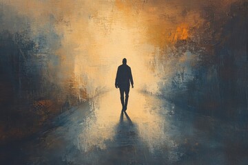 Poster - Person walking down a foggy path illuminated by a warm glow during twilight hours, person walking