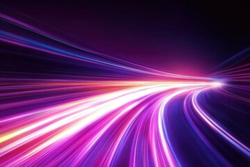 Poster - Colorful light trails create dynamic patterns against a purple background in a vibrant display of energy, colourful light trails on purple background