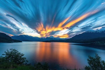 Poster - Day to night timelapse showing fast-moving clouds above tranquil lake with reflecting mountains, Day to night timelapse with clouds moving fast on blue sky during sunset