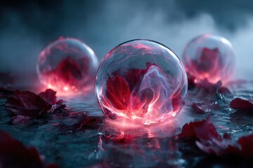Poster - Ethereal glass orbs with glowing red flowers in a misty setting at night