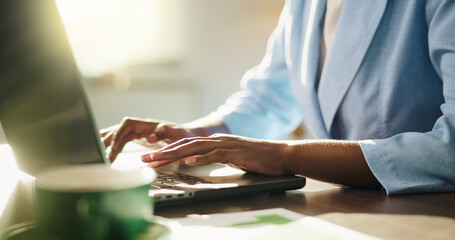 Fototapete - Hands, business and woman in office, laptop and typing with research for economy news. Closeup, person and financial consultant in workplace, pc or internet with email for budget report or accounting