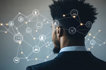 Poster - Connections among diverse networks represented by icons around a biracial individual against a plain background, network of connections with icons over biracial businessman having video call