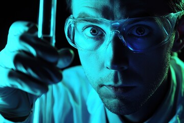 Poster - Scientist examines liquid in test tube under blue lighting in laboratory setting, scientist is looking at the liquid in the tube