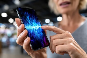 Poster - Woman uses smartphone to interact with vibrant soundwave visualization at a modern venue