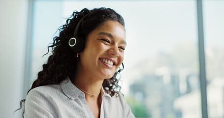 Poster - Woman, headset and talk with smile at call center with advice, career and customer support in office. Person, agent and consultant with microphone, discussion and happy for contact us at help desk
