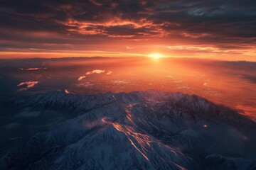Poster - Aerial view of Salt Lake City Utah at sunset with dramatic mountain landscape and vibrant colors, Salt Lake City, Utah circa-, Aerial shot of Salt Lake City and Wasatch Mountains at sunrise