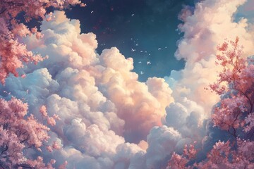 Poster - Majestic clouds and serene blossoms create a dreamlike atmosphere in a tranquil landscape, Background clouds