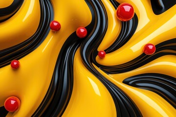 Fototapete - Abstract design with swirling yellow and black shapes and red spheres.