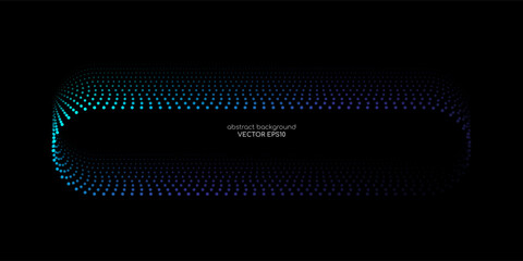 Poster - Vector abstract banner design with glowing curved gradient dots line in neon blue and green tones on black background, modern technology concept template with rounded rectangular frame layout