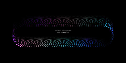 Poster - Vector abstract banner design with glowing curved gradient dots line in neon blue and purple tones on black background, modern technology concept template with rounded rectangular frame layout