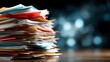 © Freshpixel - A close-up of a precarious stack of assorted papers arranged chaotically, set against a blurred bokeh background, symbolizing clutter and the complexity of modern life.