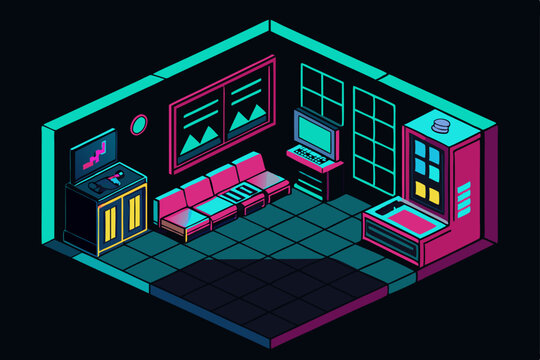 Retro Futuristic Isometric Room Neon Lights and 80s Vibe