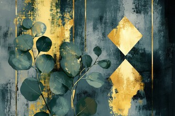 Fototapete - Abstract design with eucalyptus leaves and gold accents.