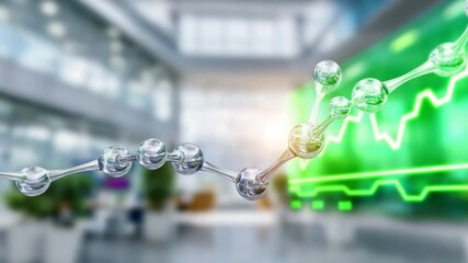 Poster - Ascending Molecular Chart: A dynamic molecular structure gracefully ascends over a blurred office backdrop, illustrating growth, innovation, and the interconnectedness of scientific advancements.