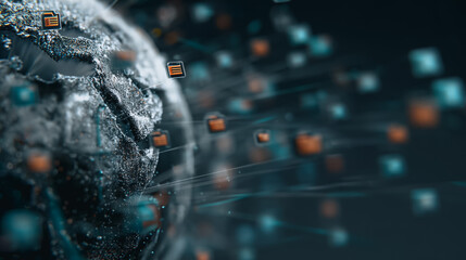 Poster - Global Data Transmission: Digital data streams weave across a detailed globe, showcasing worldwide information transfer and connectivity, symbolizing the interconnectedness of our digital age.