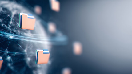 Fototapete - Data transfer network: An illustration showcasing data transfer represented by folders moving along a network connected world, emphasizing global communication and the flow of information.