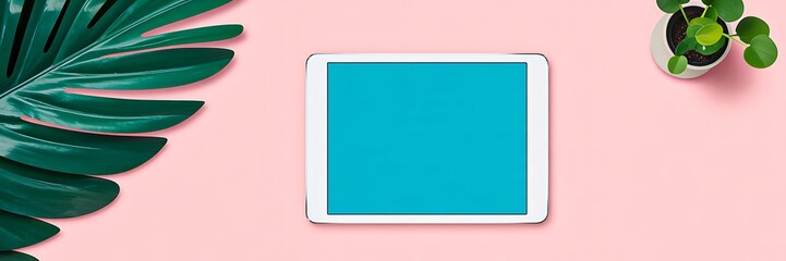 Tablet with blue screen on pink background surrounded by tropical leaves and green plants
