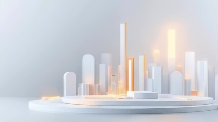Poster - Abstract Minimalist White Cityscape with Golden Accents on a Round Podium Stand