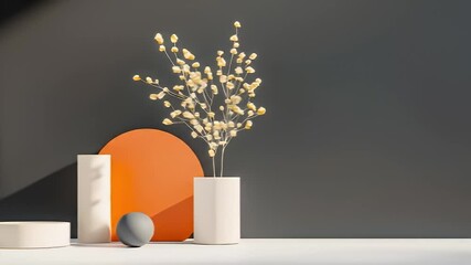 Poster - Minimalist Still Life Featuring Geometric Shapes in White Orange and Gray Against Dark Wall