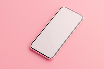 Fototapete - Sleek smartphone with a blank white screen, encased in a modern pink bezel, lies isolated against a matching pink background. Minimalist design.