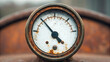 © AucArtStudio - Old rusty pressure gauge round dial metal weathered industrial close up vintage mechanical outdoor analog. Inflation ,stagflation, recession and depression . Economic, financial crisis concept