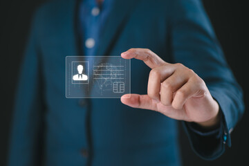 Aufkleber - Businessman hand holding digital identification card, technology and innovation concept. Hand and digital identification card or digital ID.
