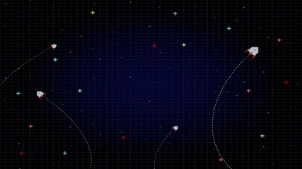 Poster - Press Start. Retro Futurism Sci-Fi Background. glowing neon grid. and stars from vintage arcade computer games, 3D game.