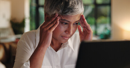 Poster - Mature woman, laptop and night with headache for overworked, stress or eye strain at home. Female person, freelancer or remote work with migraine in late evening on computer for fail or mistake